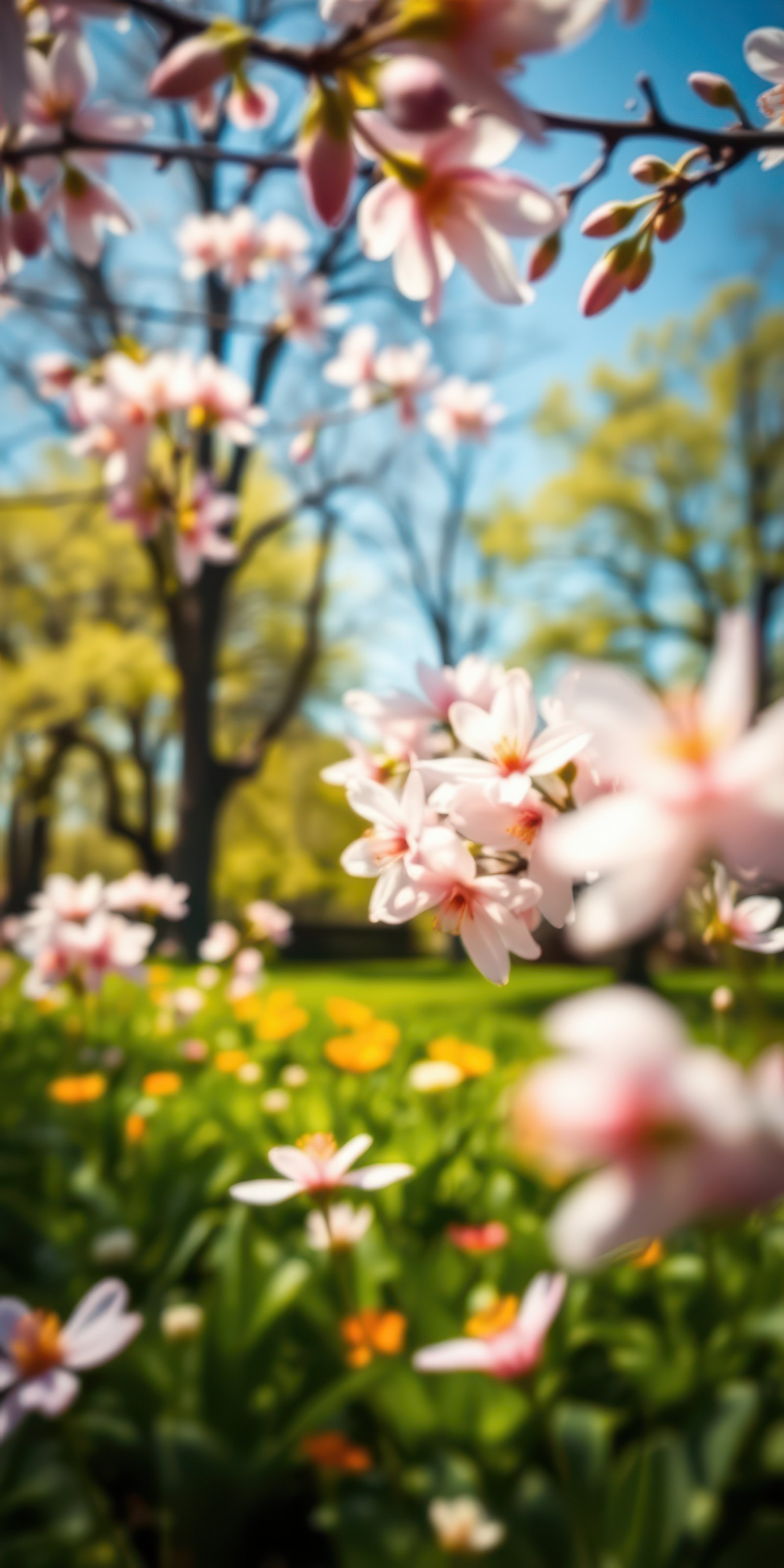 Blossoming flowers create a vibrant landscape in a spring garden filled with colorful blooms